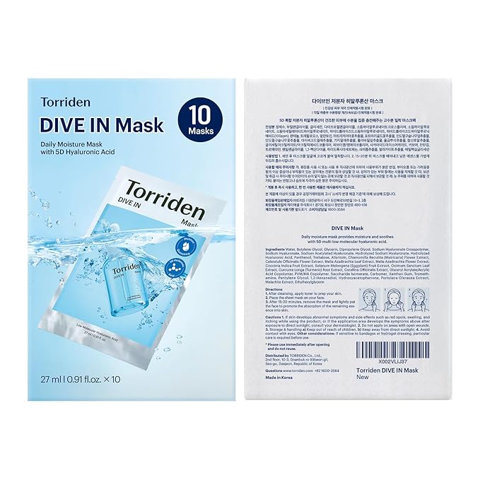 Torriden DIVE IN Hyaluronic Acid Facial Mask (10 sheets) | Deep Hydration Korean Face Sheet Mask | Panthenol & Allantoin | Great Holiday & Christmas Gift Stocking Stuffer