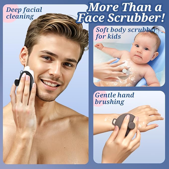 Silicone Face & Back Scrubber Set, Manual Face & Body Scrubber Exfoliator with Soft Bristles and Non-Slip Handle, Back Brush Bath Brush with 2 Detachable Brush Heads(3PCS Blue Set)