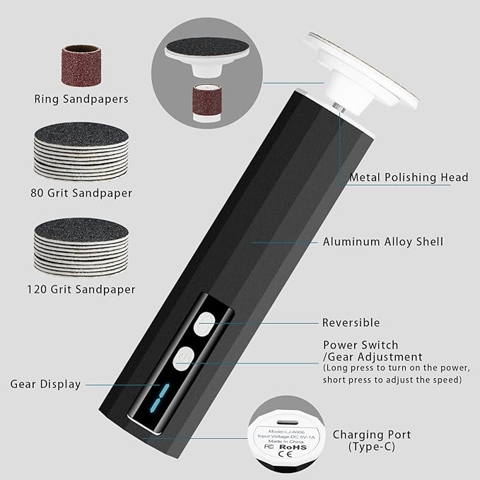 Electric Foot Callus Removers Rechargeable - Electric Foot File with 9 Adjustable Speed, 2 Grinding Heads & 30 Pcs Sandpaper Discs,Professional Foot Sander for Feet Dead Skin and Calluse (Black)
