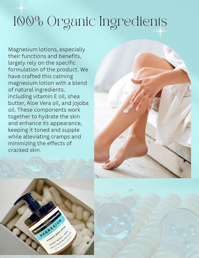 Magnesium & Vitamin E with Shea butter Body Lotion. Muscle Relief and Relaxation, supple, reducing Cramps and the effects of cracked Made in USA with Organic Ingredients