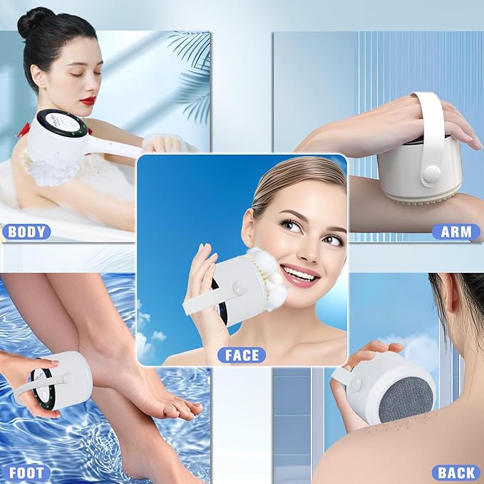 Electric Body Brush Back Scrubber - Waterproof Long Handle 5-in-1 Rechargeable Bath Brush with 3 Speed Modes, Exfoliating & Massaging Shower Brush for Body (White)