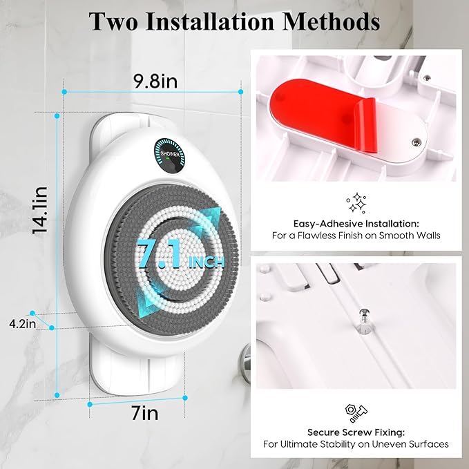 Electric Back Scrubber for Shower - Wall Mounted Exfoliating Brush, Hands-Free Automatic Body Scrubber, IPX7 Waterproof, 3-Speed Adjustment, 3 Replaceable Heads with 50pcs Disposable Shower Caps