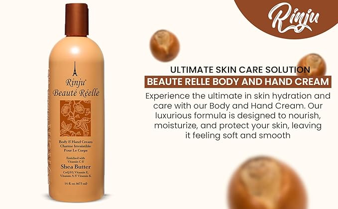 Rinju Beaute Relle Body and Hand Cream 16 oz. (Case of 12) - Shea Butter Cream for Dry Skin - Vitamin E, A & K Moisturizer