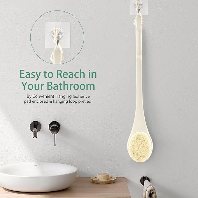 Back Scrubber for Shower, 17-Inch Shower Brush for Men and Women, Long Handle Exfoliating Body Brush, Medium Bristle Stiffness for Dry or Wet Brushing (Cream White)