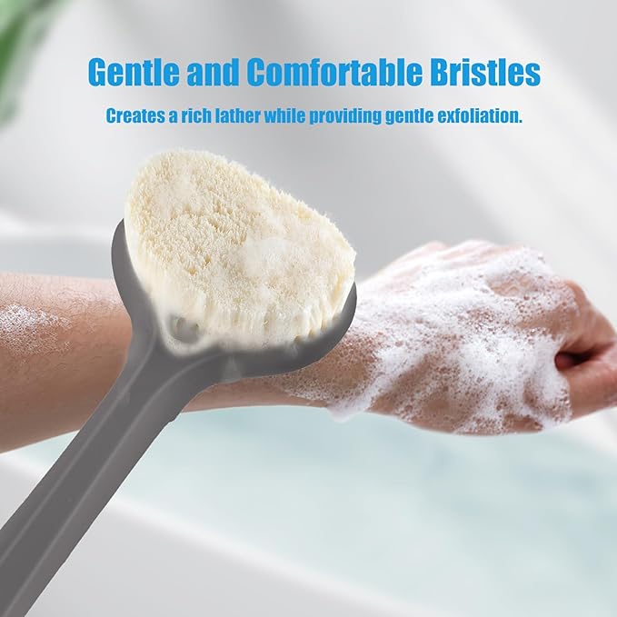 VANZAVANZU Back Scrubber for Shower, Bath Brush with 17-Inch Long Anti-Slip Handle, Wet and Dry Brushing Body Brush for Body Cleansing, Back Brush for Men and Women (Grey)