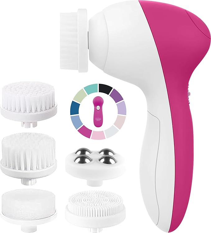 Facial Cleansing Brush Face Scrubber Exfoliating Cleaning Skin Care Cleanser Wash Women Girls Electric Beauty Powered Exfoliator Skincare Spin Tools Scrub Washer Self Care by VISOFO (Rubellite)