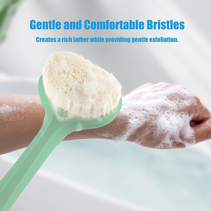 VANZAVANZU Back Scrubber for Shower, Bath Brush with 17-Inch Long Anti-Slip Handle, Wet and Dry Brushing Body Brush for Body Cleansing, Back Brush for Men and Women (Pea Green)