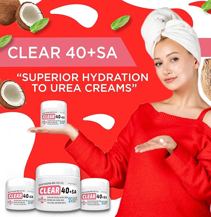 CLEAR 40 +SA, 40% Urea Gel + 2% Salicylic Acid, 8 oz w/Tea Tree & Coconut Oil, Aloe Vera, Callus & Corn Remover Softens Cracked Heels, Feet, Elbows, Hands, Nails, Superior hydration to Urea Creams