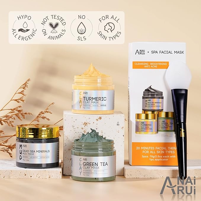 ANAI RUI 3Pcs Face Mask Set, Turmeric Clay Mask - Green Tea Face Mask - Dead Sea Minerals Mud Mask, Holiday Gift Set, Stocking Stuffers for Women &Teen Girls, Self Care Gifts for Women 2.5 oz each