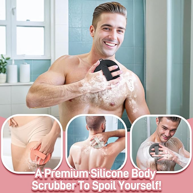 Foot Brush/Foot File/Silicone Body Scrubber Set(3PCS), 3-in-1 Foot Scrubber with Long Handle, 10.2’’-27.5’’Adjustable Foot Scrub Brush with Foot File and Silicone Loofah, Gift-Box(Pink Set)