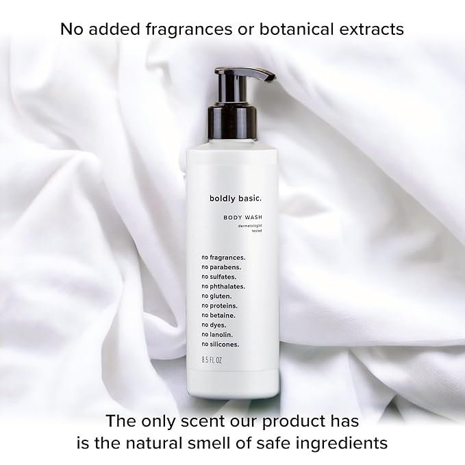 Boldly Basic Fragrance Free Body Wash - Gentle Bodywash on Sensitive Skin - Unscented Shower Gel - Dermatologist Tested - No Sulfates, Parabens or Gluten - Non Comedogenic and Hypoallergenic