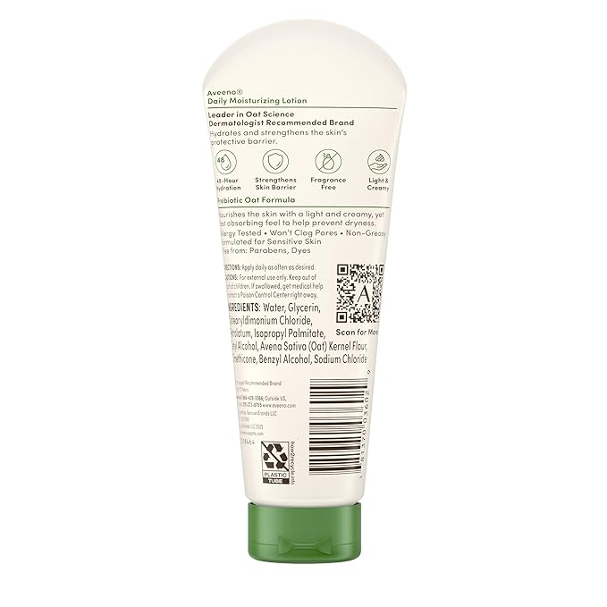 Aveeno Daily Moisturizing Body Lotion with Soothing Prebiotic Oat, Gentle Lotion Nourishes Dry Skin With Moisture, Paraben-, Dye- & Fragrance-Free, Non-Greasy & Non-Comedogenic, 2.5 fl. Oz