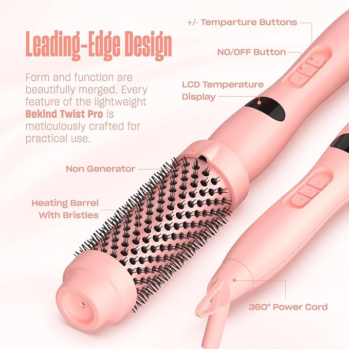 Bekind Twist Pro Upgraded Thermal Brush - 1.5 Inch Versatile Heated Round, Effortless Curling Hair Styling Tools, Negative Ion Blow Out Hot Round Brush, 20s Fast Heats (Peach)