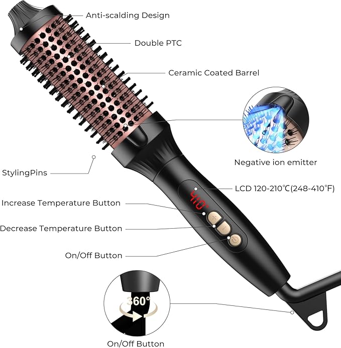 1.5 in Thermal Brush, Curling Iron Heated Round Curling Volumizing, The Ceramic Barrel Heats up 30S, LCD Display 10 Temperatures frizz-Free Curls The Ionic