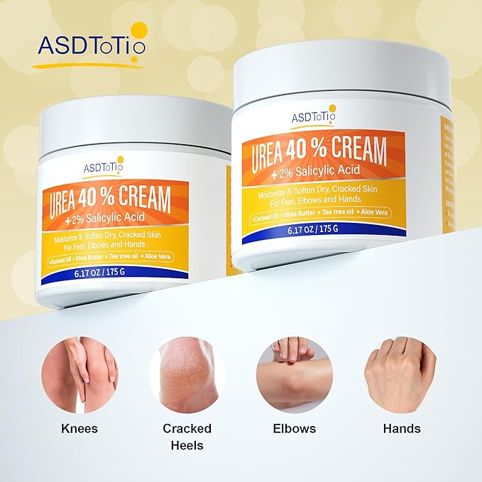 Urea Cream 40% - Foot Care for Dry Cracked Heels, Foot Lotion - With 2% Salicylic Acid, Tea Tree Oil, Shea Butter, Aloe Vera - For Feet, Hands, Heels, Elbows, Knees and More - 6 oz