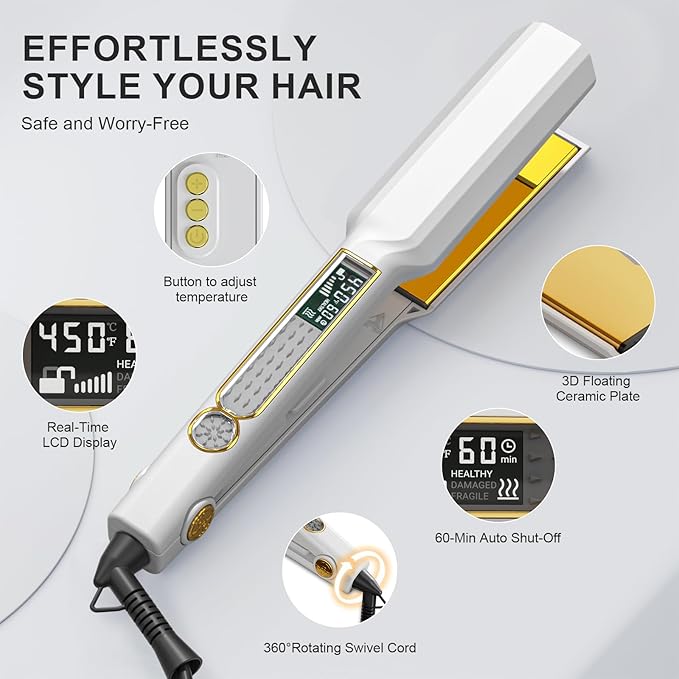 Thirtek Professional Hair Straightener,1.5 inch Ceramic & Titanium Flat Iron,15 Adjustable Temperature Levels,LCD Display, 25s Quick Heat Up,Styling Tools for Thick Hair,Dual Voltage,White&Gold