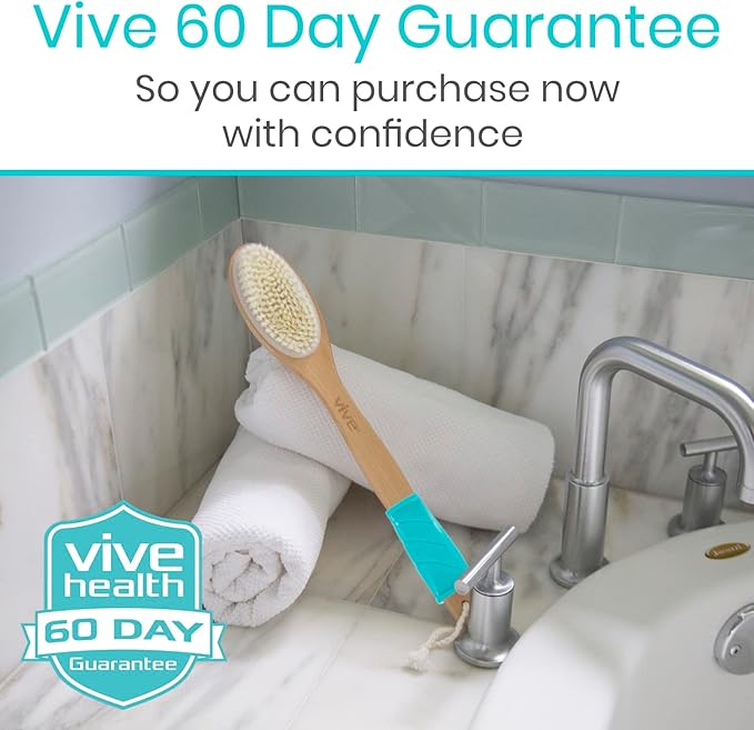 Vive Back Scrubber for Shower – Long Handle Dry Brushing Body Brush with Soft & Stiff Bristles – Exfoliating Shower Loofah & Bath Scrubber Cleaner for Women, Men, Elderly – Antiskid Grip