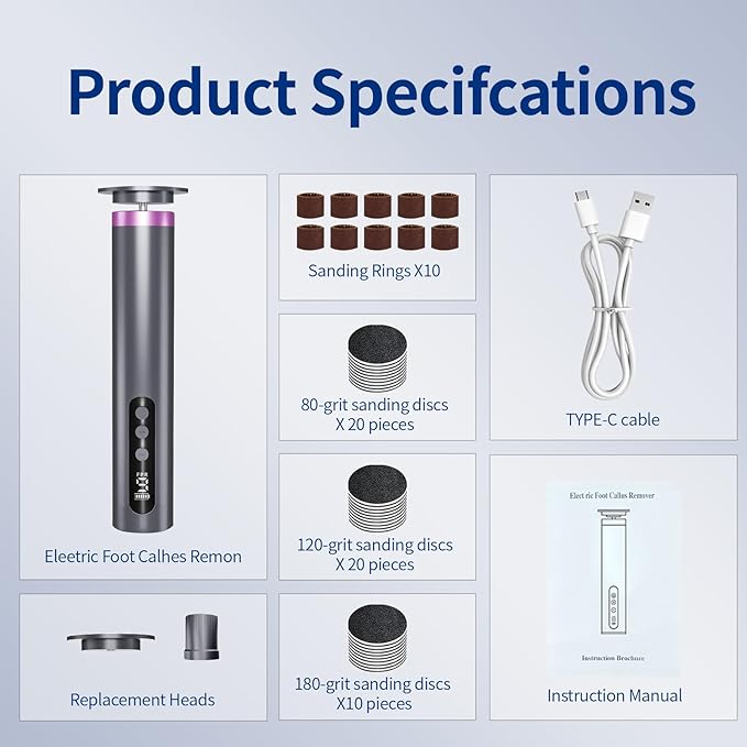 Electric Foot Callus Remover, 2-in-1 Feet Callus Remover, 2600mAh Battery, 9-Speed Adjustable Foot Grinding Tool, Includes 100 Sandpaper Sheets and Grinding Heads,Pedicure Tools for Dead Skin