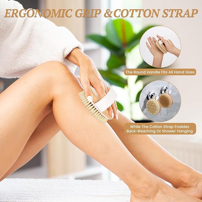 2-Pack Dry Body Brush - Dry Brushing Body Brush for Lymphatic Drainage & Exfoliating, Round Body Brush with Massage Nodes & Natural Bristles for Skin Care