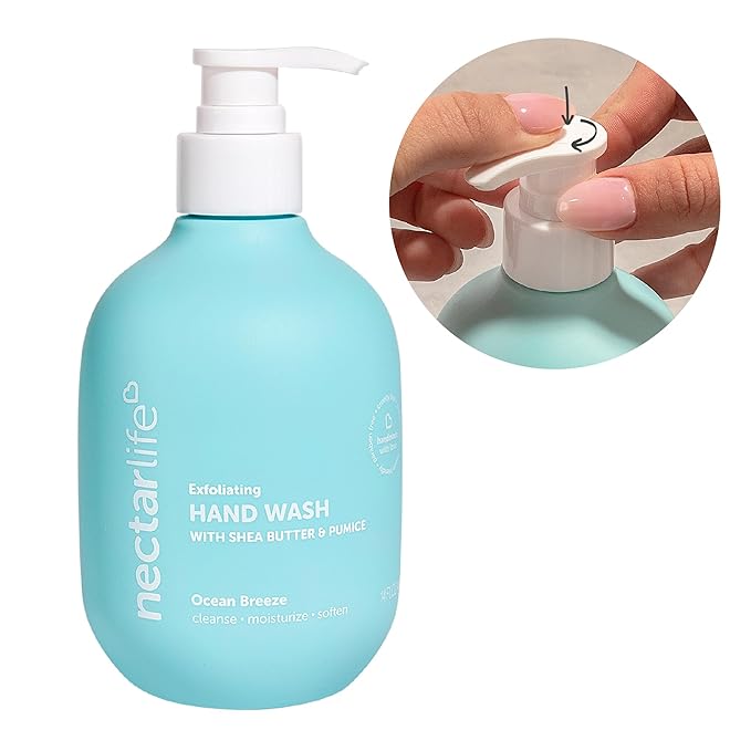 Nectar Life Exfoliating & Moisturizing Hand Wash, Volcanic Pumice for Hand Scrub, Shea Butter Softens Hands, Clean Vegan Ingredients. Ocean Breeze Scent