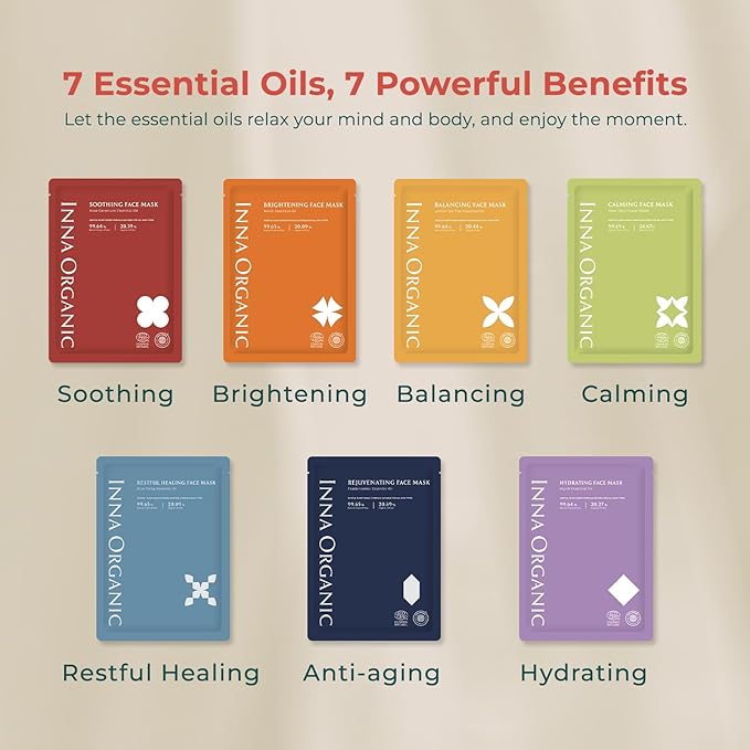 INNA ORGANIC Sheet Mask - Sleep Well Glow, Overnight Renewal, Restful Healing, Sustainable & Clean Beauty (Pack of 5) | Blue Tansy Essential Oils Infused Skin Care | Luxury Clean Beauty