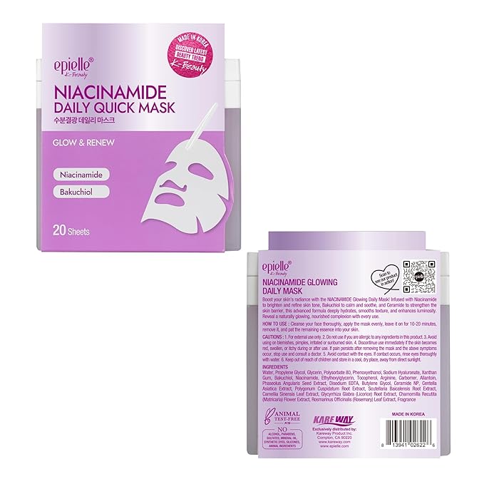 Epielle Niacinamide Korean Face Masks 20 Pack - Pore Minimizing Sheet Masks with Bakuchiol for Glowing Skin, Stocking Stuffers for Women K-Beauty