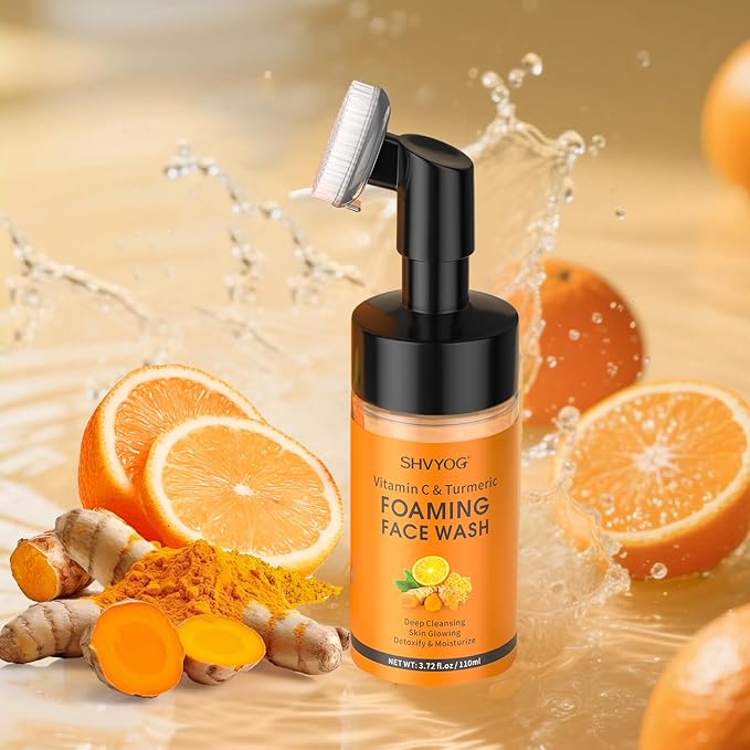 SHVYOG Vitamin C Turmeric Face Wash, Turmeric Foaming Facial Cleanser for Dark Spot, Uneven Skin Tone, Skin Cleansing, Moisturizing, Exfoliating Facial Cleanser with Brush,Unisex