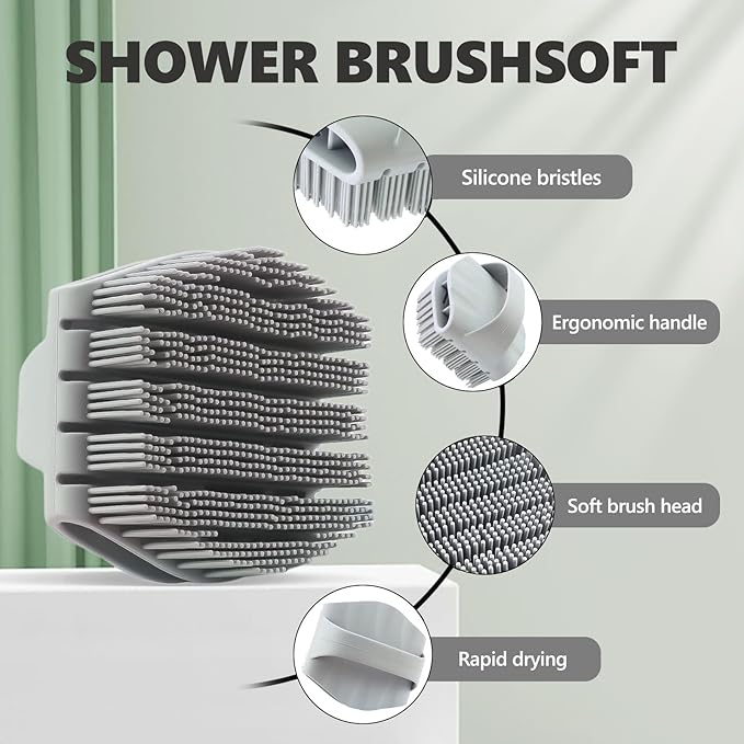Silicone Body Scrubber with Handle - Exfoliating Shower Brush for Men & Women, Travel-Friendly & Quick-Dry, Soft Silicone Loofah Alternative for All Skin Types (Gray)