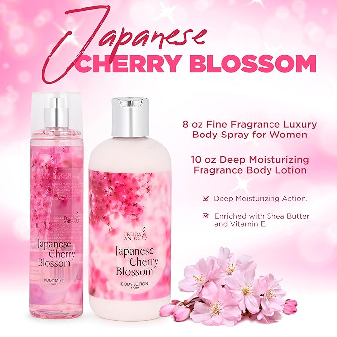 Home Spa Gift 10oz Deep Moisturizing Fragrance Body Lotion & 8 oz. Fine Fragrance Body Mist Set Self-Care Combo for Women & Girls (Japanese Cherry Blossom)