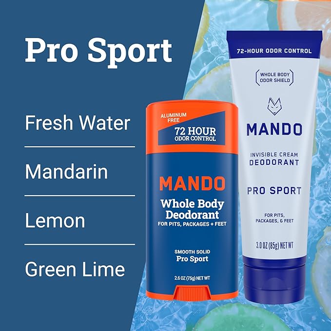 Mando Whole Body Deodorant - Invisible Cream and Solid Formulas - 72 Hour Odor Control - Aluminum & Baking Soda Free - Skin Safe - 3 oz Cream & 2.6 oz Solid Bundle - Pro Sport