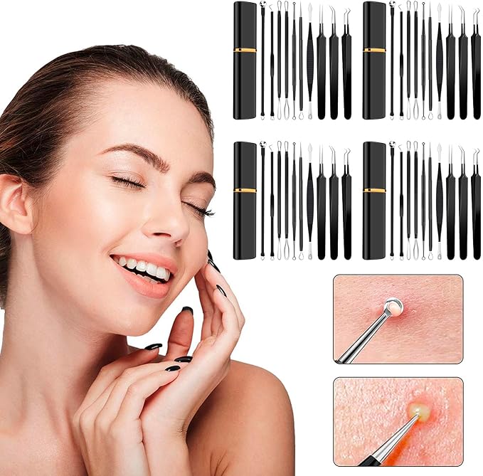 40pcs Pimple Popper Tool Kit Stainless Steel Blackhead Remover Tool Comedones Extractor for Forehead Facial Nose Lightweight Acne Needle Tool with Metal Case for Travel Home Use