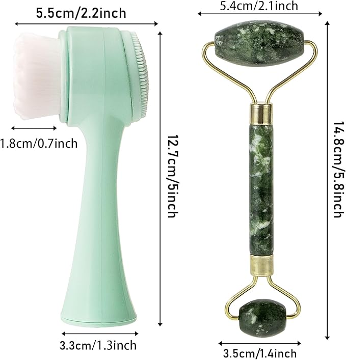 Face Brush 2 in 1, Silicone Facial Cleansing Exfoliating Brush Soft Bristles Pore Deep Cleansing, Jade Face Roller Skin Care Tools, Manual Dual Face Wash Scrub Brush Massaging Gift, Blue+Green