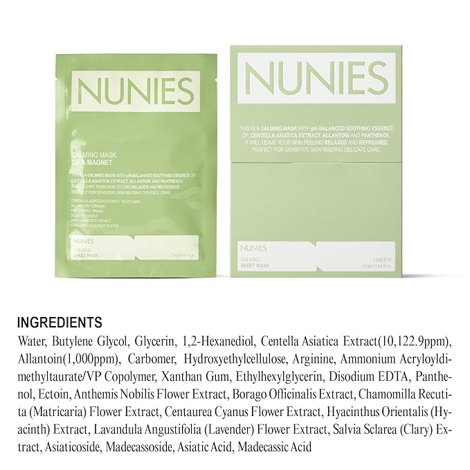 NUNIES Calming Sheet Mask – Korean Soothing Face Mask for Redness & Sensitive Skin | CICA, Allantoin & Panthenol | pH-Balanced | Alcohol-Free, Fragrance-Free, Colorant-Free | 5 Sheets