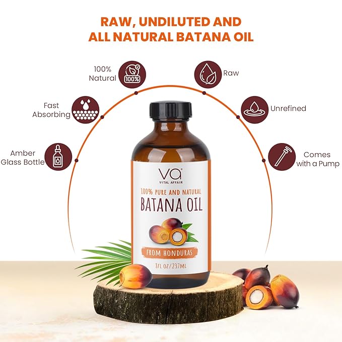 VITAL AFFAIR Batana Oil For Hair Growth-100% Raw Batana Oil From Honduras-Glass Bottle-Skin Hair Oil Rich In Essential Nutrients-Batana Hair Oil For Women & Men-For Strong & Shiny Hair-8 FlOz