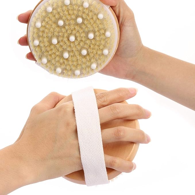 2-Pack Dry Brushing Body Brush for Lymphatic Drainage, Round Dry Exfoliating Brush with Massage Nodes for Cellulite, Dry Skin, Circulation Boost