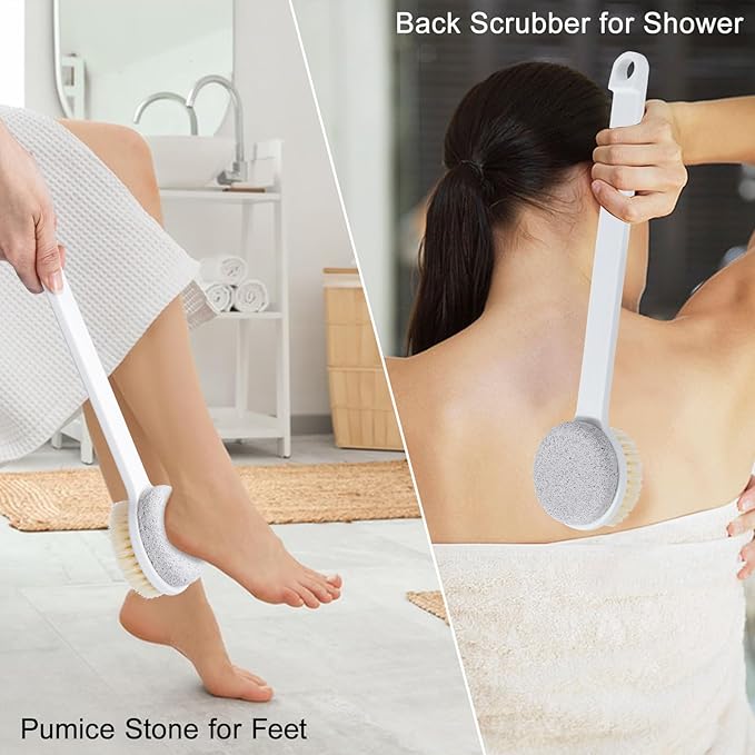 Pumice Stone for Feet and Shower Brush with Long Handle, 3Pcs Hard Skin Callus Remover, 2 in 1 Foot Scrubber Brush, Back Scrubber Body Brush for Shower Deep Cleansing and Exfoliating, Straight