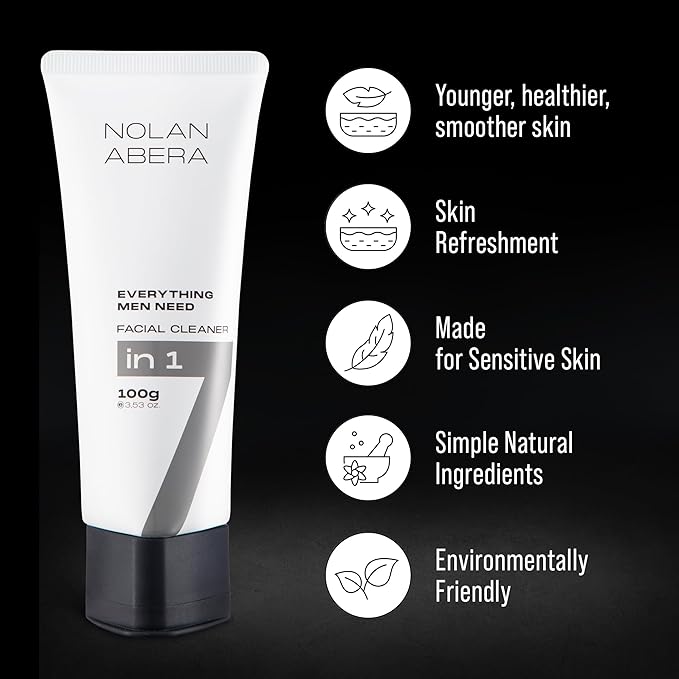 ABERA Nolan Daily Facial Cleanser for Men, Niacinamide + Zincsebum + Soy & Rice Bran Extract, Oil Control & Pore Purifying Face Wash, Refreshing Gentle Cleanser for All Skin Types (3.38 fl oz)