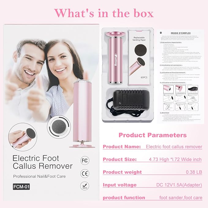 Electric Foot Callus Remover,Powerful Electric Foot File, Professional Adjustable Speed Pedicure Tool with 60 Pcs Replacement Sandpaper Discs for Dead Skin and Calluses-Pink