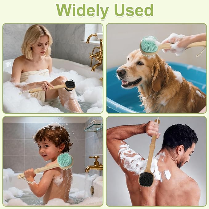 Silicone Back Scrubber for Shower, 2 PCS Silicone Bath Body Brush Loofah with Long Handle, Dual-Sided Shower Brush for Body, Exfoliating Body Scrubber Back Washer for Men Women(Lake Blue +Black)