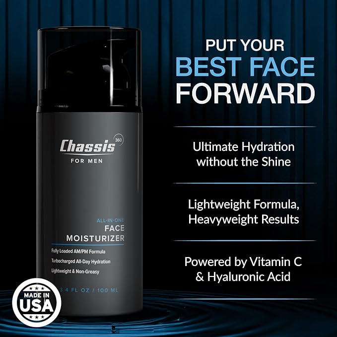 Chassis 360 All-In-One Face Moisturizer - Hydrating Face Moisturizer for Men with Vitamin, Niacinamide C & Hyaluronic Acid - Free From Phthalates, Parabens & Retinol - Facial Lotion- 3.4 Fl Oz