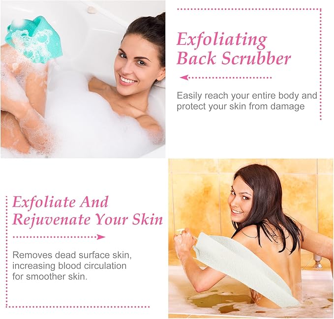 Moukeren Exfoliating Back Scrubber with Handles 4 Pack Nylon Back Exfoliator Extended Length Washers Scrubbers Stretchable Pull Strap Exfoliating Washcloth(Dark Blue, Gray, Beige, Pink)