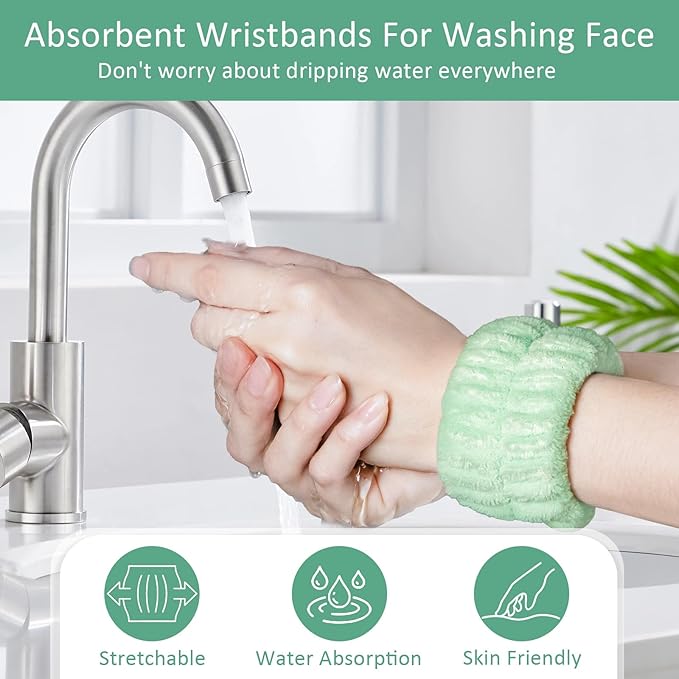 Facial Cleansing Brush 2 in 1, Silicone Face Scrubber Dual Face Brush for Deep Pore Cleansing and Exfoliating, Skincare Headband and Wristbands Set for Washing Face, Massaging Spa Makeup, Cyan