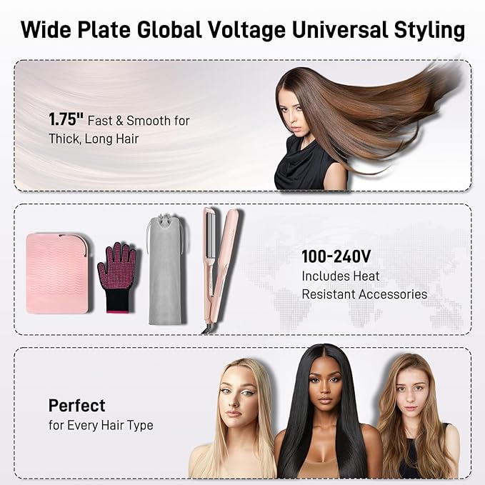 Flat Iron Hair Straightener – 1.75” Ceramic Infrared Ionic Flat Iron with 5s Fast Heat-Up, Vibration Technology, LCD Temp Control, Dual Voltage, Anti-Frizz Styling for All Hair Types