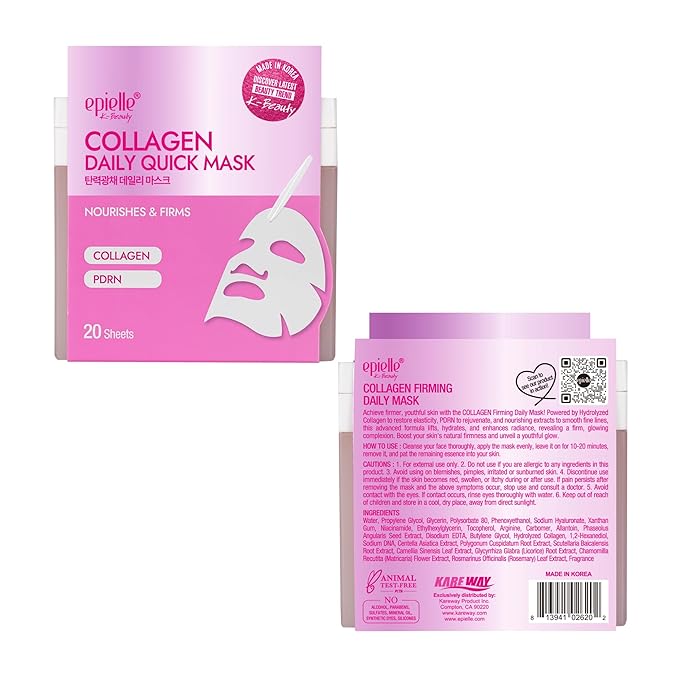 Epielle Collagen Korean Face Masks 20 Pack - Anti Aging Sheet Masks with Hyaluronic Acid for Hydrating & Plumping Skin, Stocking Stuffers for Women