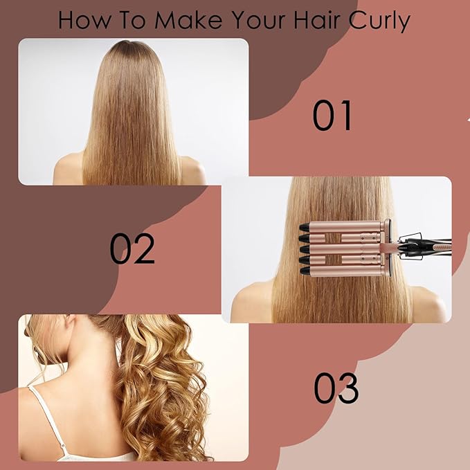 5 Barrel Hair Crimpers and Wavers, Fast Heat 15mm Portable Wand for Long Hair, Adjustable Two-Gear Temperature Wavy Curler (Gold)