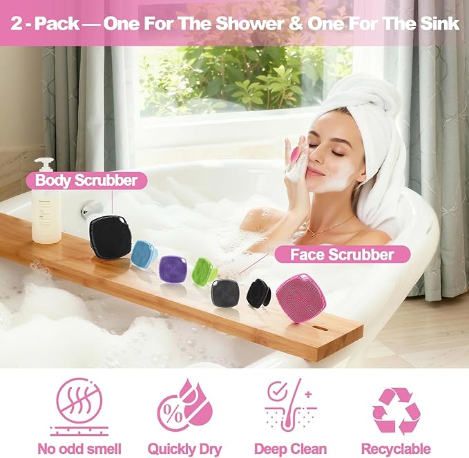 2 Pack Face Scrubbers, Silicone Body Scrubber Soft Bristles, Gentle Lather, Exfoliating & Deep Cleaning for Sensitive Skin, Giant Suction Cup Stick Securely (Body+ Face Scrubber Pink)