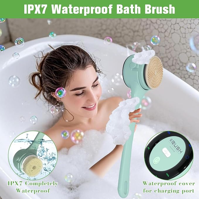 Electric Body Brush Back Scrubber, Waterproof Long-Handle 5-Head Electric Body Scrubber, Rechargeable Bath Brush and 3 Types of Speed Body scrubbe,for Cleaning Massaging and exfoliating (Green)