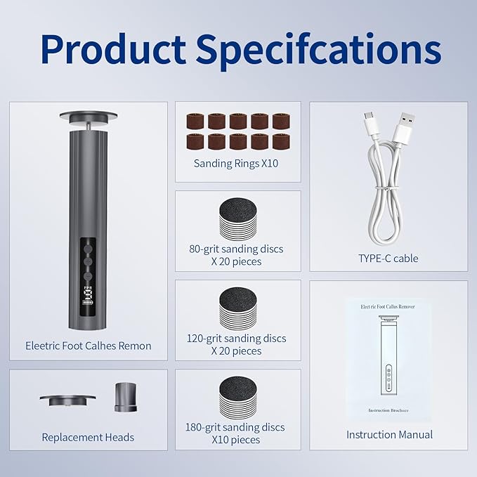 Electric Feet Callus Remover, Foot Callus Remover, 9-Speed Adjustable Foot Grinding Tool, 2600mAh Battery, Includes 100 Sandpaper Sheets and Grinding Heads,Pedicure Tools for Dead Skin