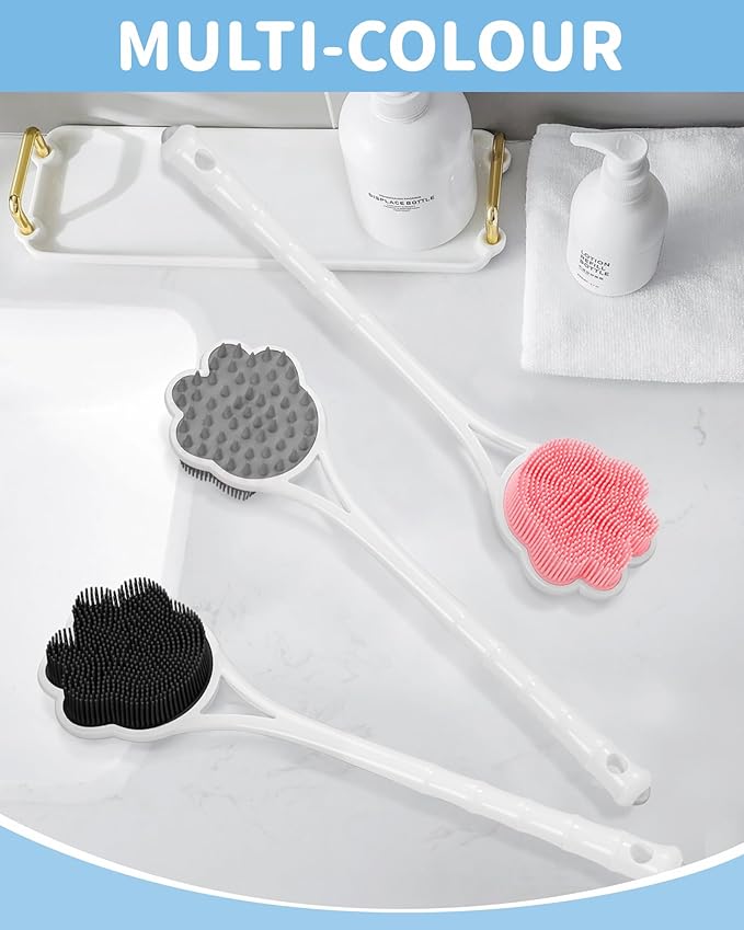 Manmihealth 15.7" Cute Silicone Back Scrubber with Long-Handle, Dual Use Back Brush for Shower with Super-Soft Silicone Bristles, Paw-Shaped Shower Body Scrubber for Sensitive Skin (Black)