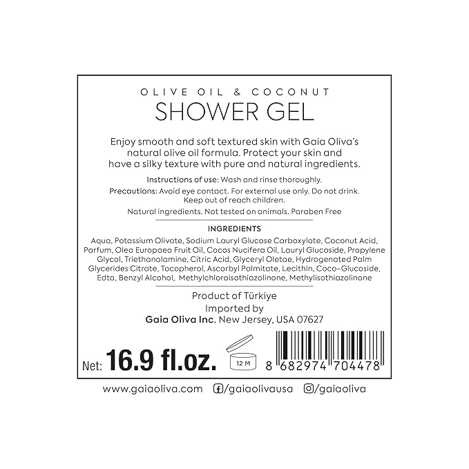 GAIA Oliva Olive Oil Shower Gel – Natural Body Wash with Coconut, Hydrating, Moisturizing Body Wash for Women & Men, Plant-based Bath & Shower Gel for Dry Skin, 16.9 Fl Oz (Pack Of 2)
